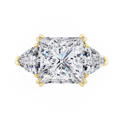 14 KT Yellow Gold Princess Cut Diamond Three Stone Ring with Trillion Accents - top angle