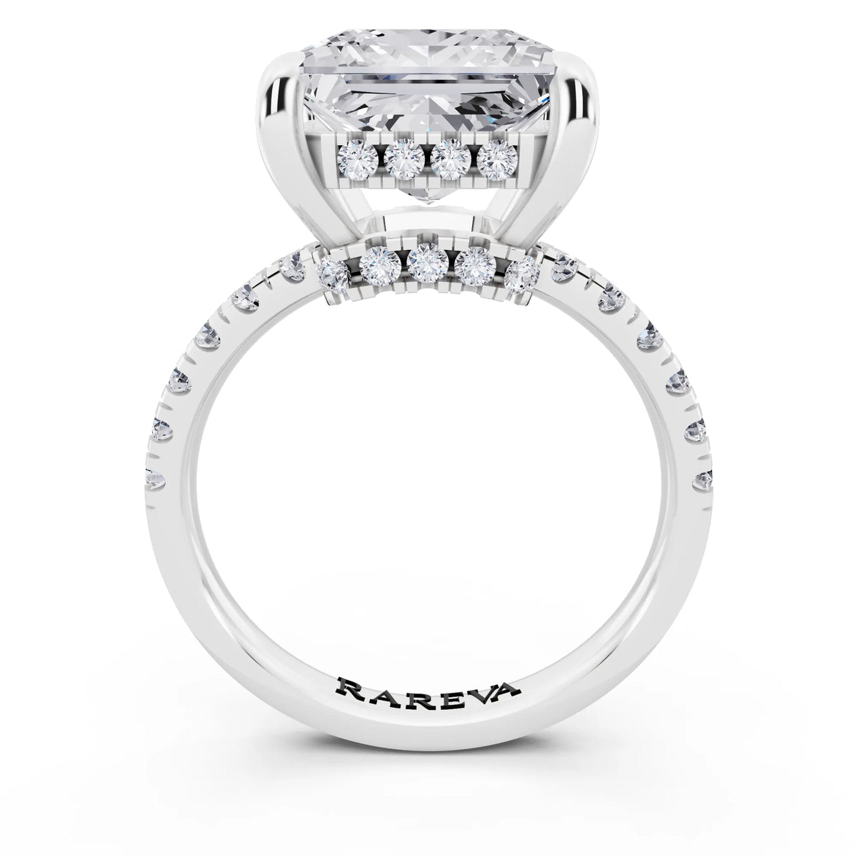Platinum Princess Cut Diamond Hidden Halo Tiger Prong Pave Band Ring - through finger
