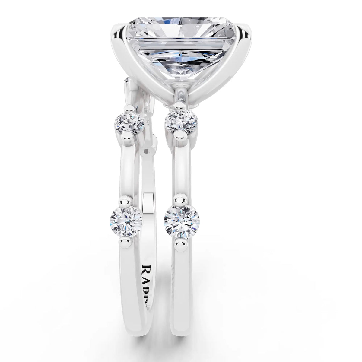 18 KT White Gold Radiant Cut Diamond Ring with Floating Accent Band - side view