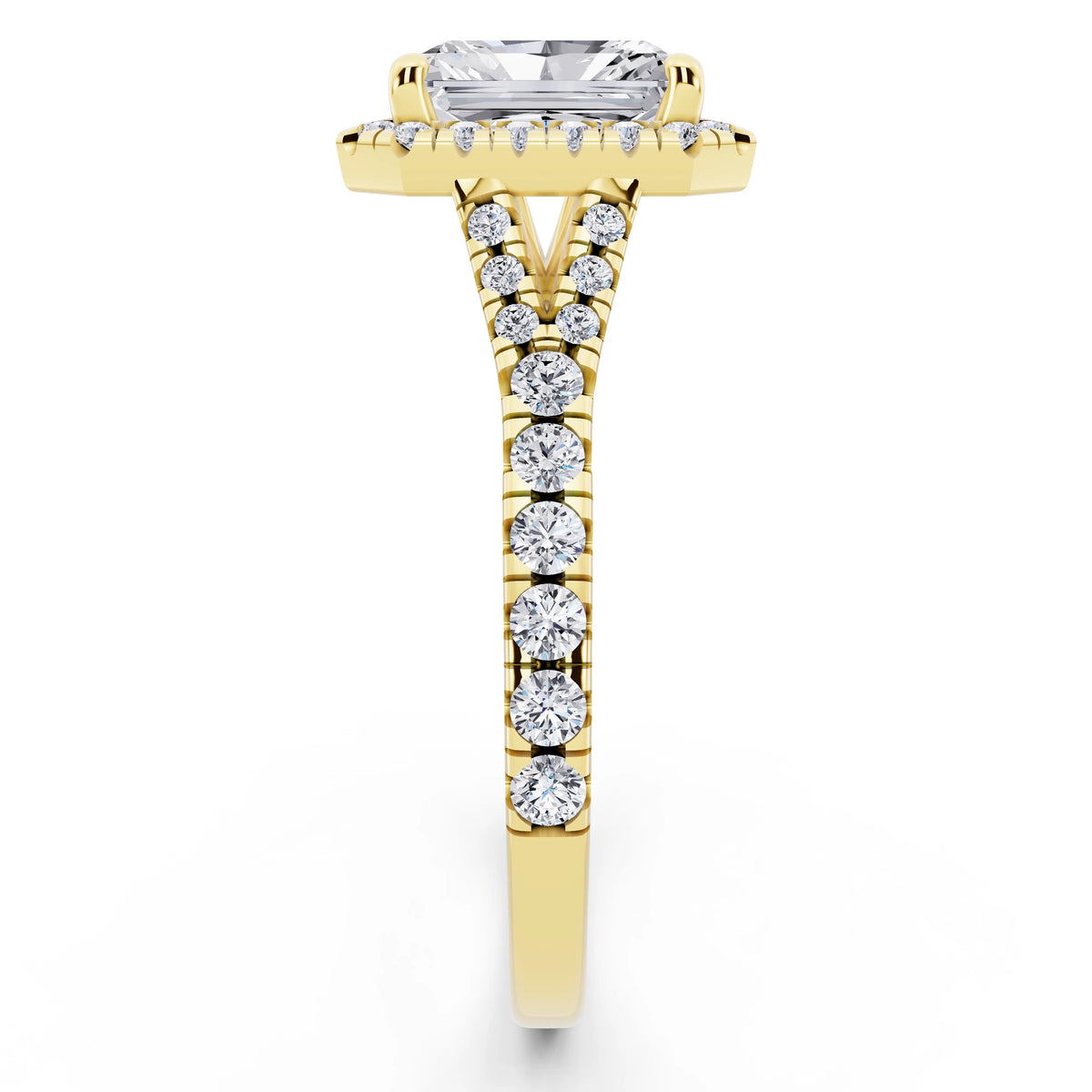 18 KT Yellow Gold Radiant Cut Diamond Halo Ring with Split Shank - side view