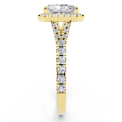 18 KT Yellow Gold Radiant Cut Diamond Halo Ring with Split Shank - side view