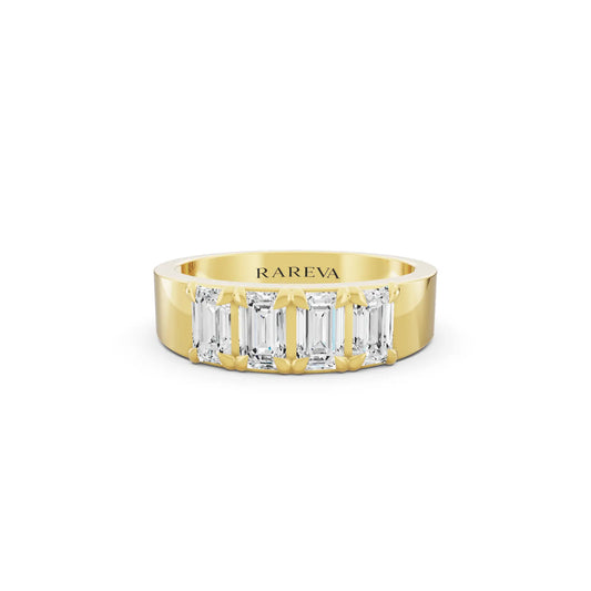 14K Yellow Gold Men's Four Stone Emerald Cut Diamond Band - 3.5mm - Front