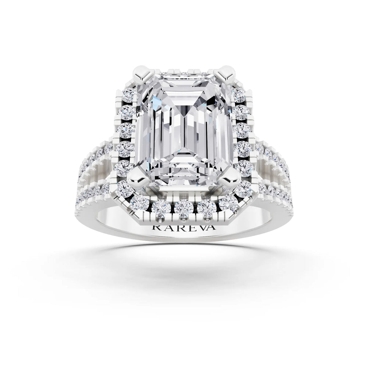 18 KT White Gold Emerald Cut Diamond Halo Ring with Pave Split Shank - front view
