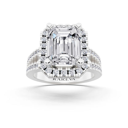 18 KT White Gold Emerald Cut Diamond Halo Ring with Pave Split Shank - front view