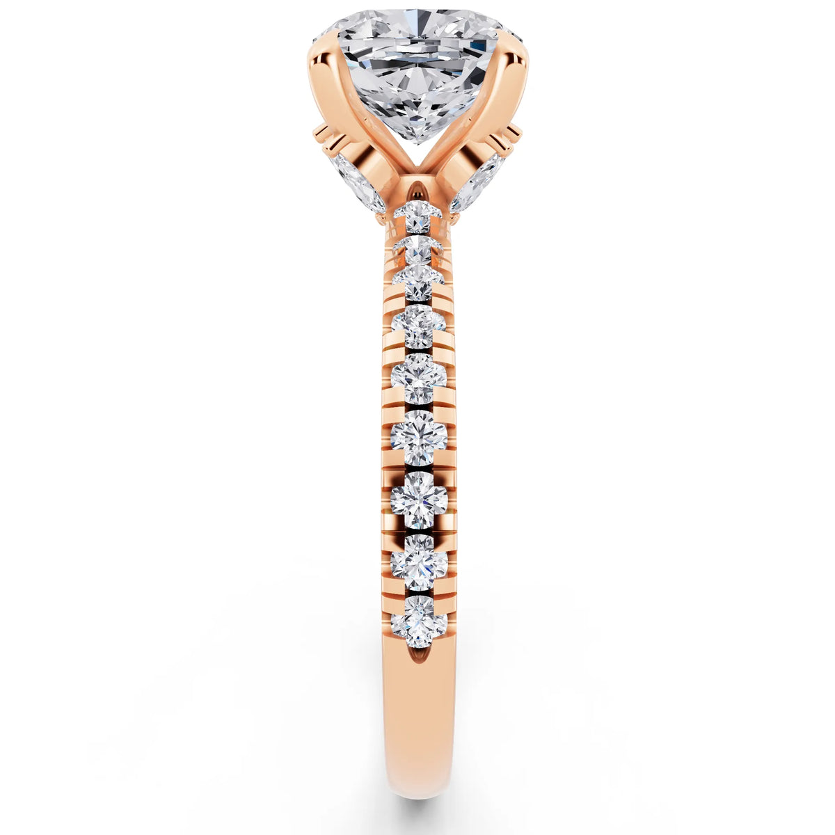 18 KT Rose Gold Cushion Cut Diamond Solitaire Ring with Marquise Collar - side view