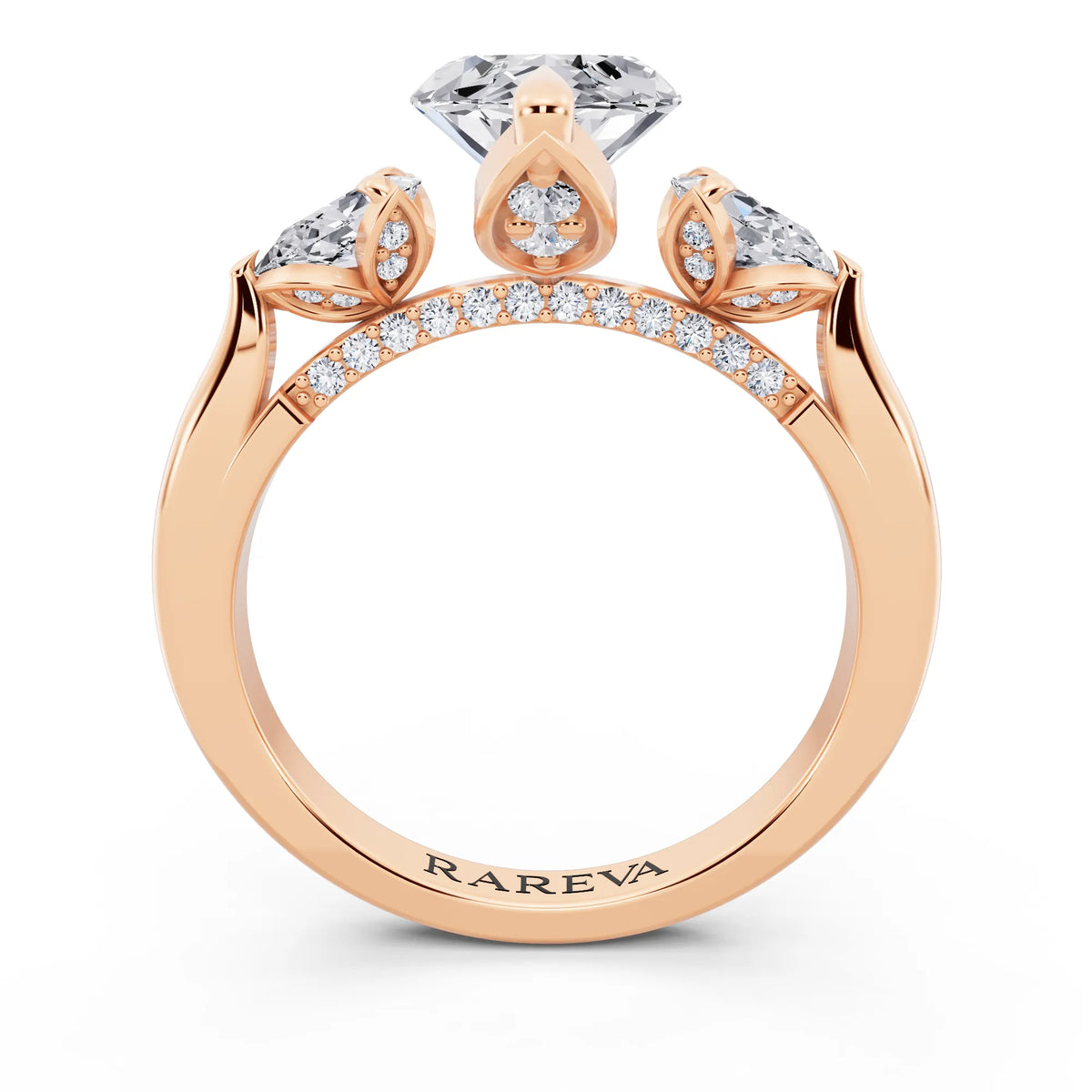 14 KT Rose Gold Marquise Cut Diamond Cluster Engagement Ring with Pear Accents and Pavé Band - through finger