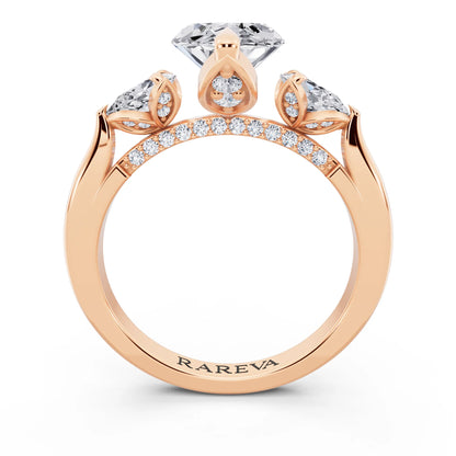 14 KT Rose Gold Marquise Cut Diamond Cluster Engagement Ring with Pear Accents and Pavé Band - through finger