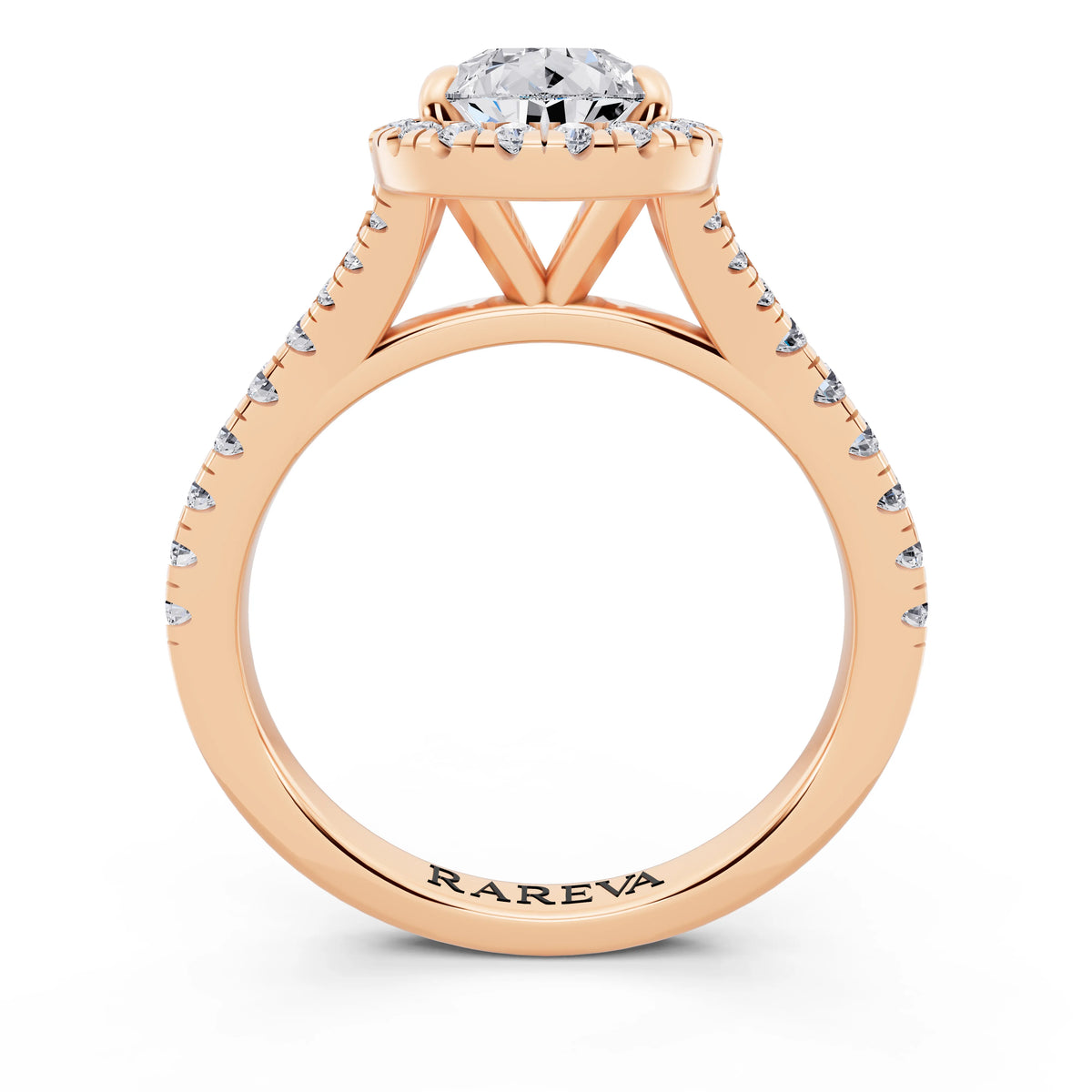 18 KT Rose Gold Pear Cut Diamond Halo Ring with Split Shank - through finger