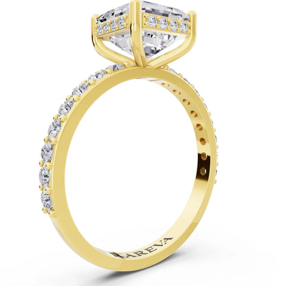 14 KT Yellow Gold Asscher Cut Diamond Solitaire Ring with Hidden Halo and Pave Band - top view
