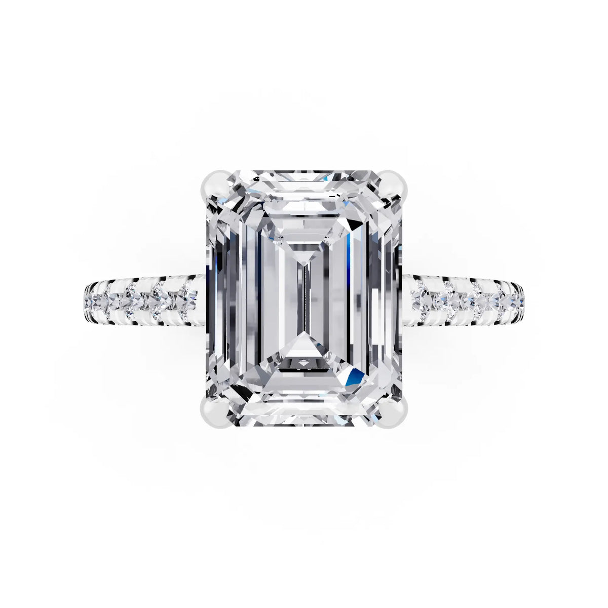 14 KT White Gold Emerald Cut Diamond Claw Prong Solitaire Ring with French Pave Band - top angle