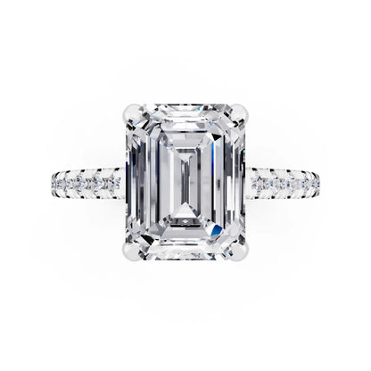 14 KT White Gold Emerald Cut Diamond Claw Prong Solitaire Ring with French Pave Band - top angle