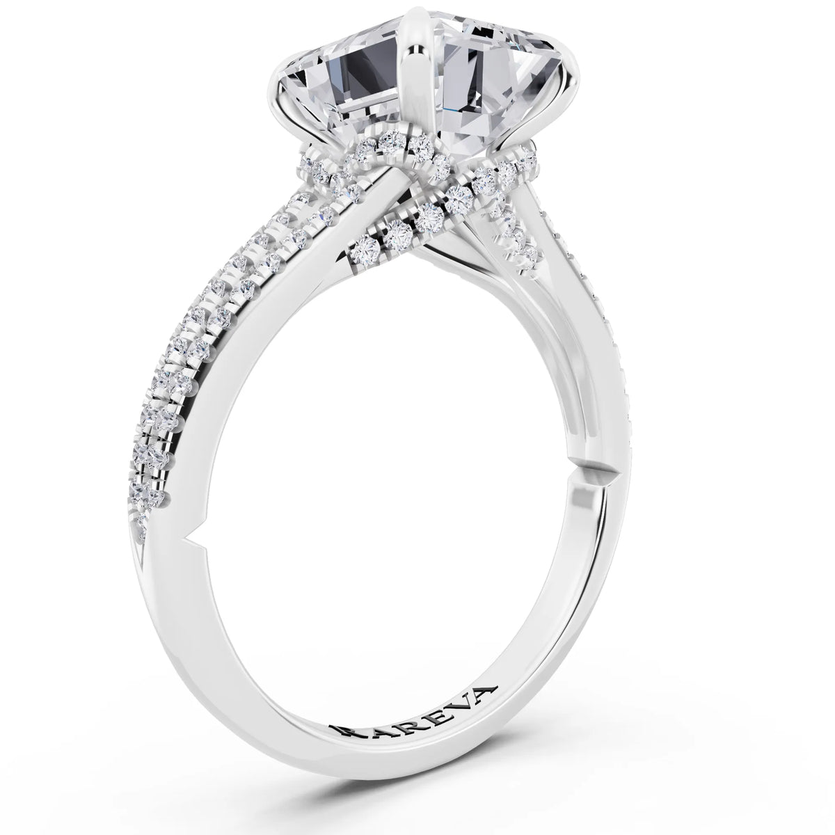 14 KT White Gold Emerald Cut Diamond Ring with Pavé Split Shank - top view