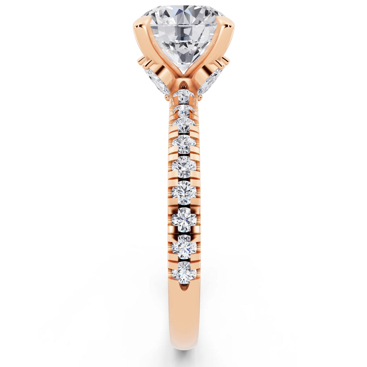 18 KT Rose Gold Round Cut Diamond Solitaire Ring with Marquise Collar - side view
