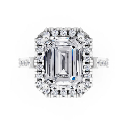 14 KT White Gold Emerald Cut Diamond Halo Ring with Bezel Accent Band - top angle