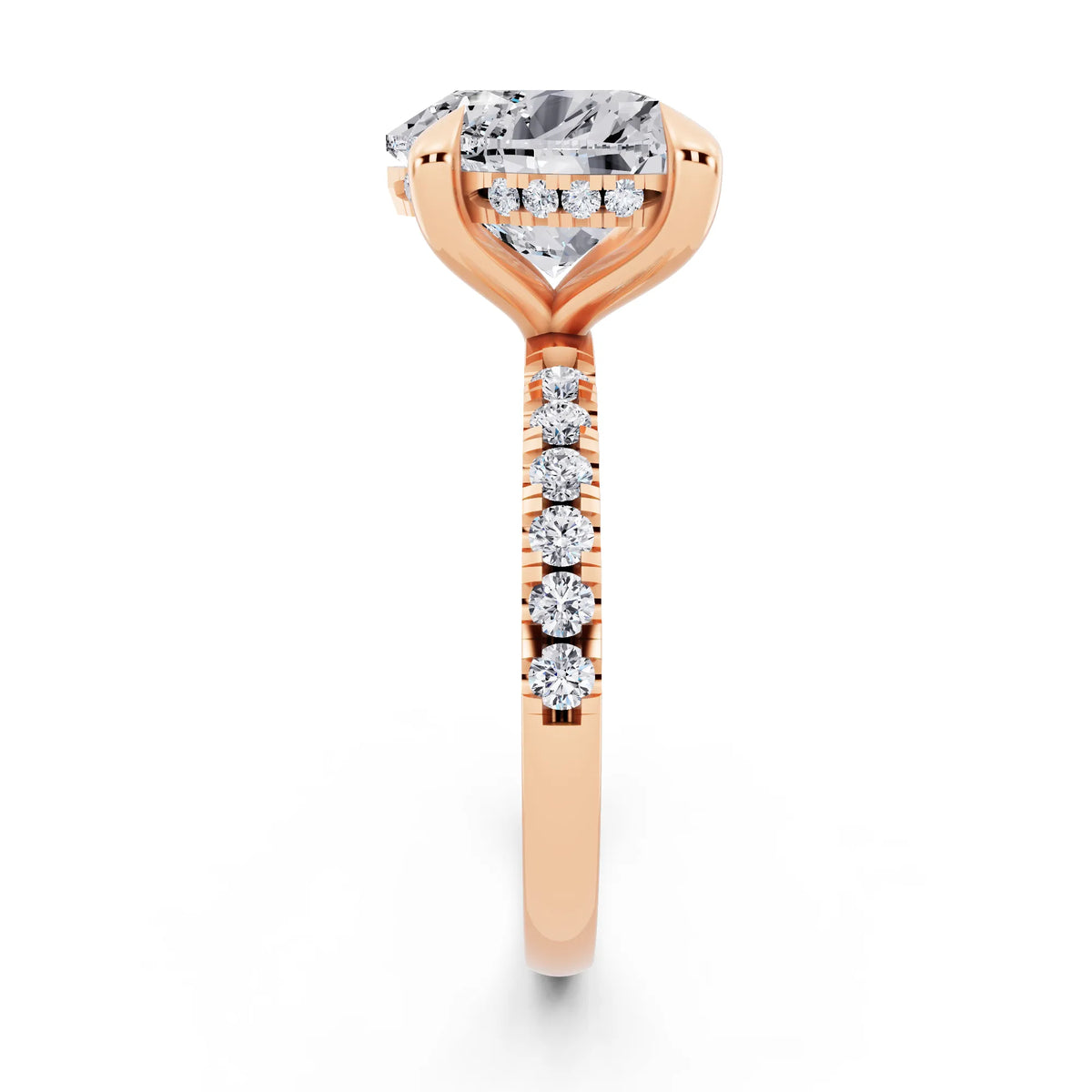 14 KT Rose Gold Heart Cut Diamond Solitaire Ring with Round Pavé Band and Prong Setting - side view