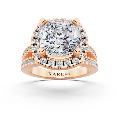 14 KT Rose Gold Cushion Cut Diamond Halo Ring with Pave Split Shank - front view