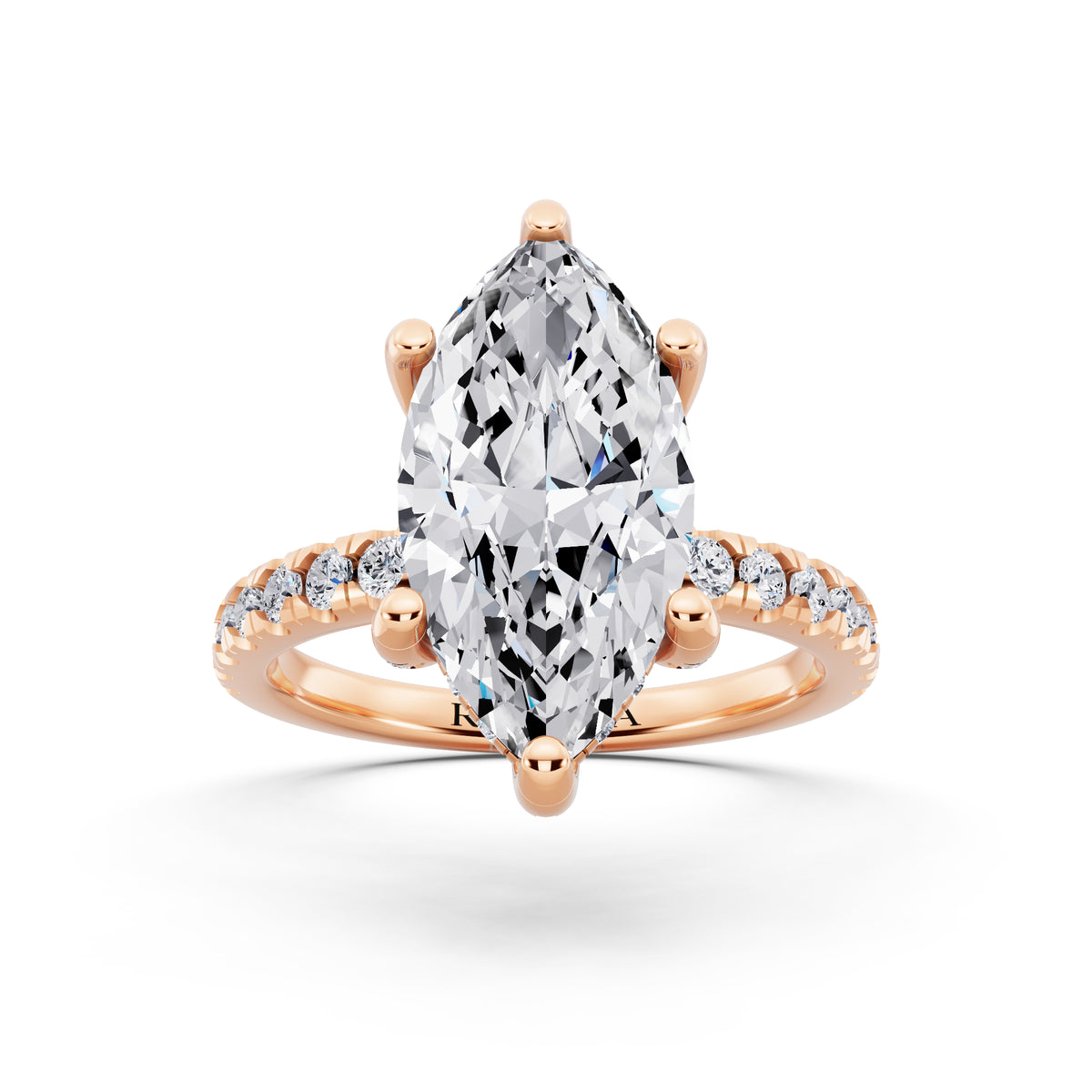 18 KT Rose Gold Marquise Cut Diamond Hidden Halo Ring with Pave Shank - front view