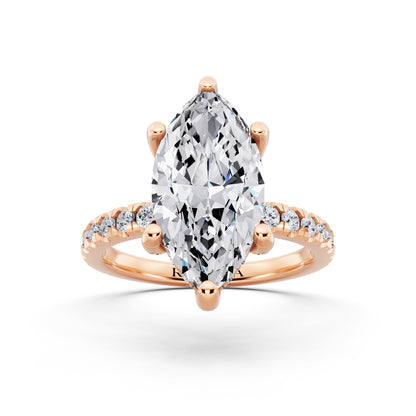 18 KT Rose Gold Marquise Cut Diamond Hidden Halo Ring with Pave Shank - front view