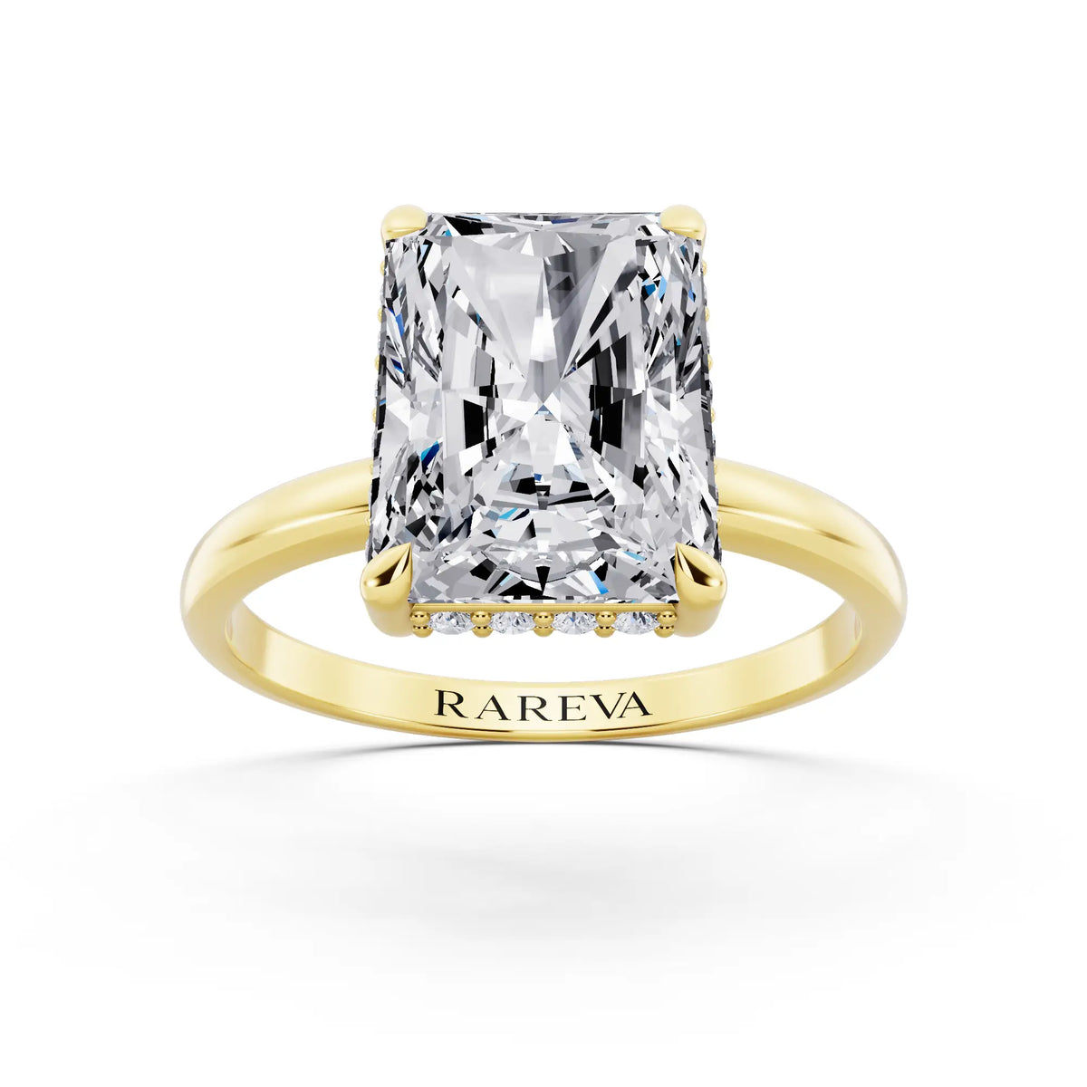 14 KT Yellow Gold Radiant Cut Diamond Hidden Halo Solitaire Ring - front view