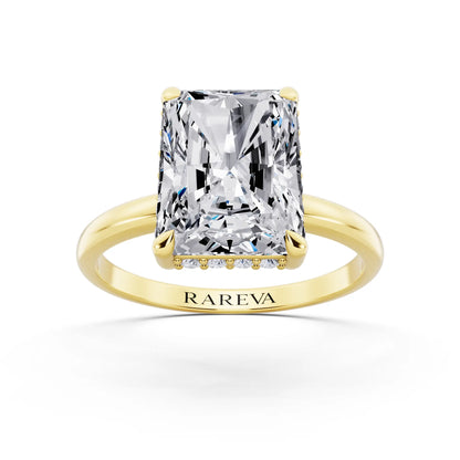 14 KT Yellow Gold Radiant Cut Diamond Hidden Halo Solitaire Ring - front view