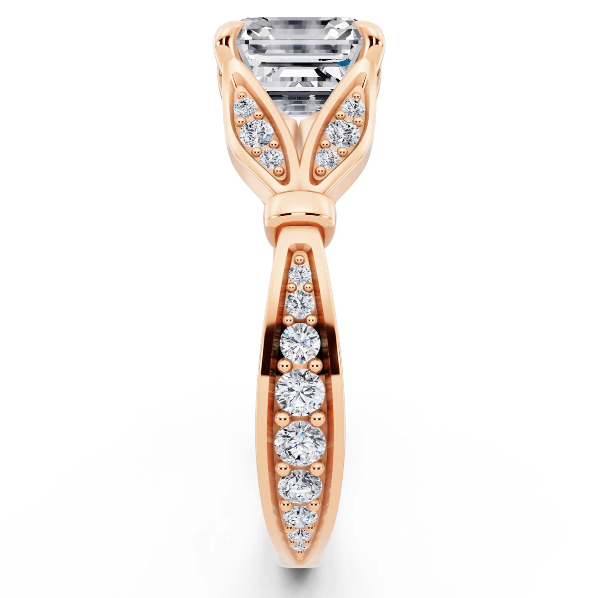 14 KT Rose Gold Asscher Cut Diamond Ring with Lotus Collar - side view