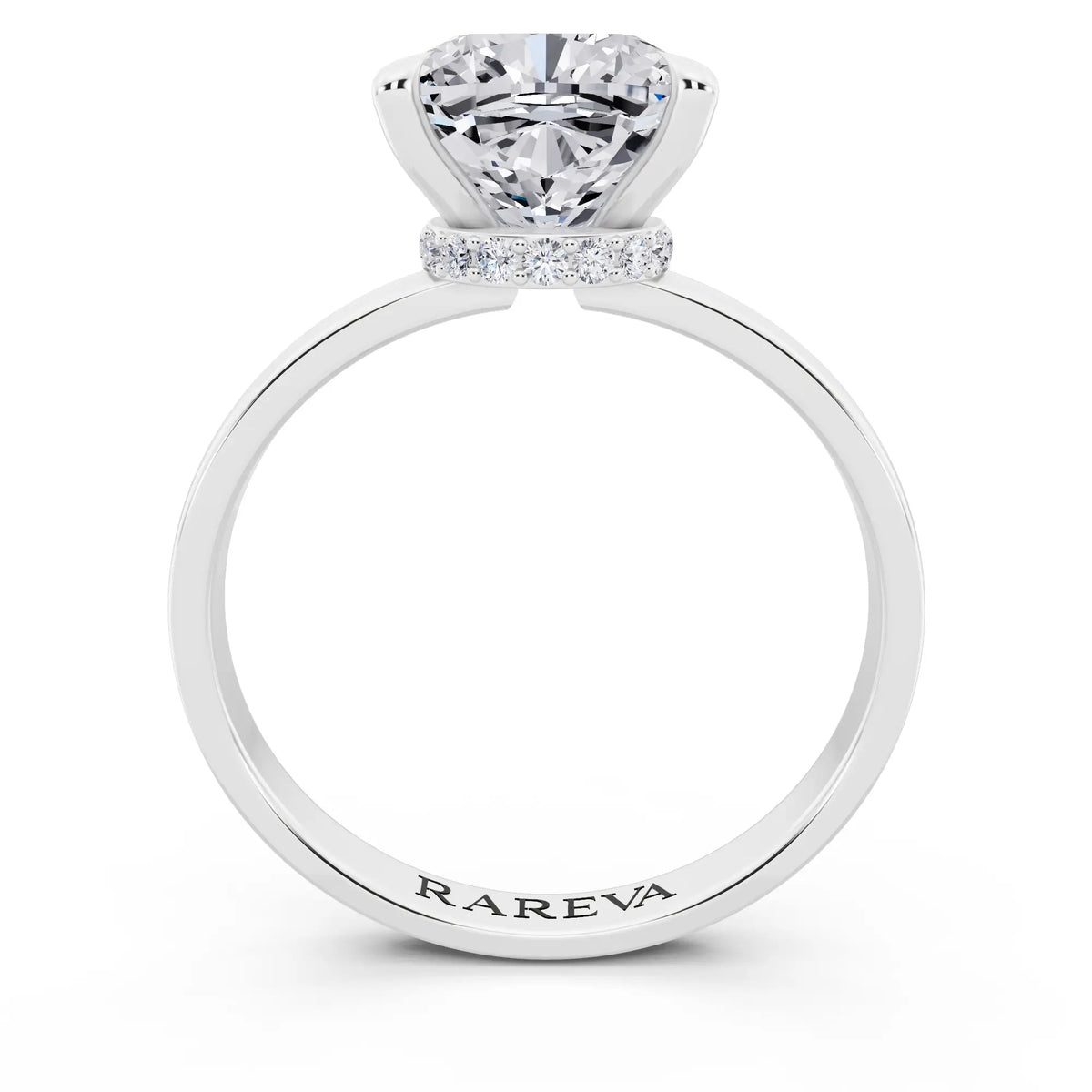 Platinum Cushion Cut Diamond Solitaire Ring with Pave Collar - through finger