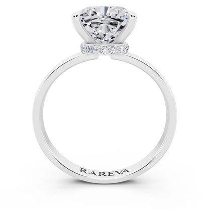 Platinum Cushion Cut Diamond Solitaire Ring with Pave Collar - through finger
