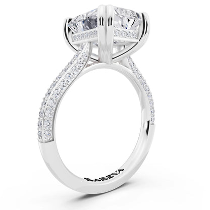 18 KT White Gold Radiant Cut Diamond Hidden Halo Double Claw Pave Band Ring - top view