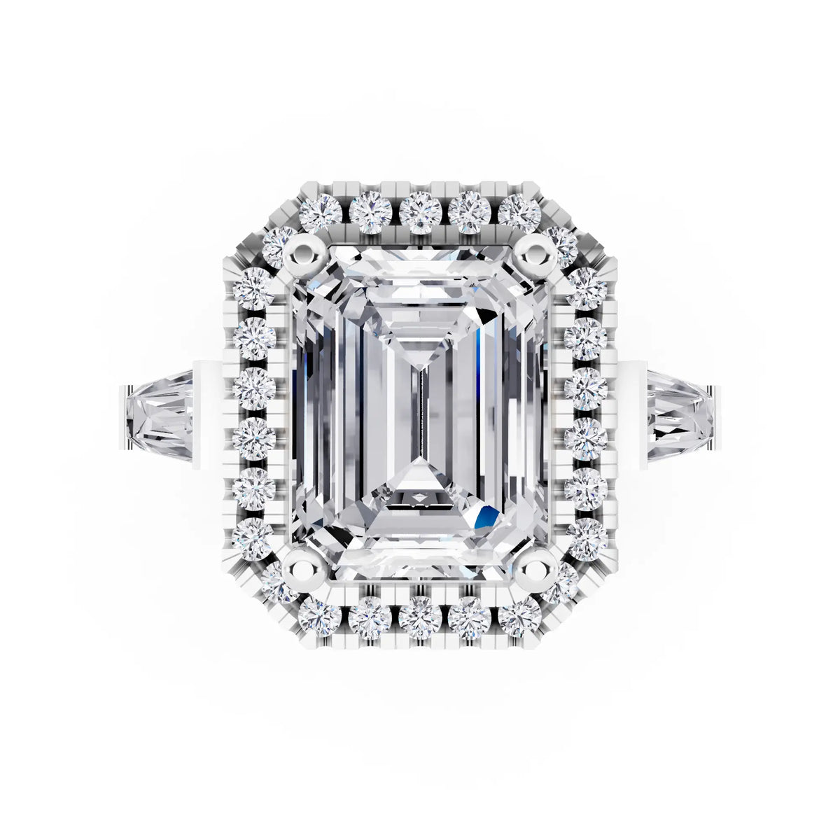 14 KT White Gold Emerald Cut Diamond Halo Ring with Baguette Accents - top angle