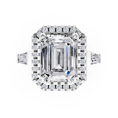 14 KT White Gold Emerald Cut Diamond Halo Ring with Baguette Accents - top angle