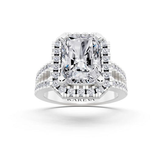 14 KT White Gold Radiant Cut Diamond Halo Ring with Pave Split Shank - front view