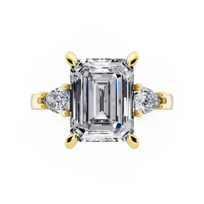 18 KT Yellow Gold Emerald Cut Diamond Three Stone Pear Accent Vintage Pave Ring - top angle