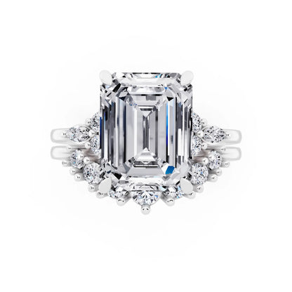 18 KT White Gold Emerald Cut Diamond Ring with Curved Cluster Band - top angle