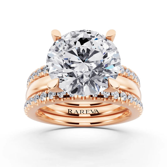 18 KT Rose Gold Round Cut Diamond Solitaire Twin Pave Band Stack Ring - front view