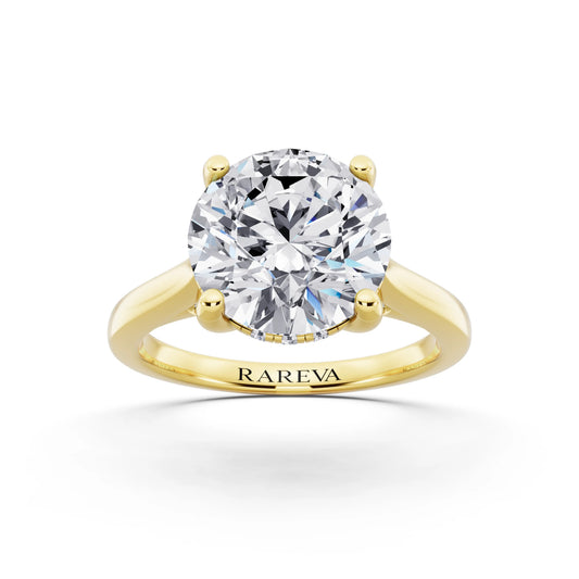 18 KT Yellow Gold Round Cut Diamond Solitaire Ring with Cathedral Band - front view