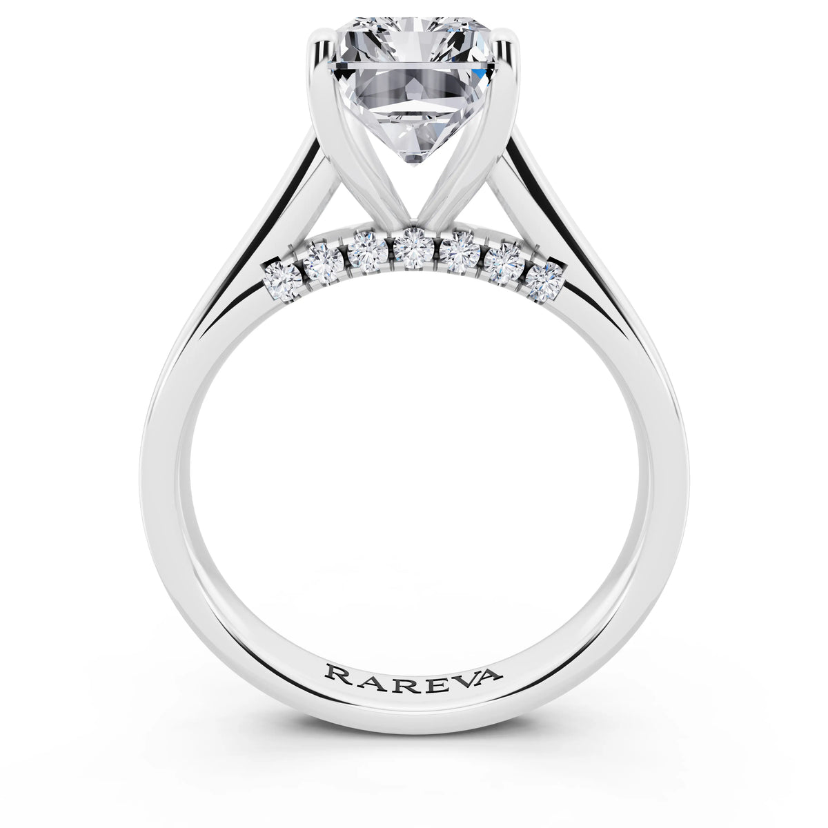 14 KT White Gold Radiant Cut Diamond Solitaire Ring with Hidden Accent - through finger
