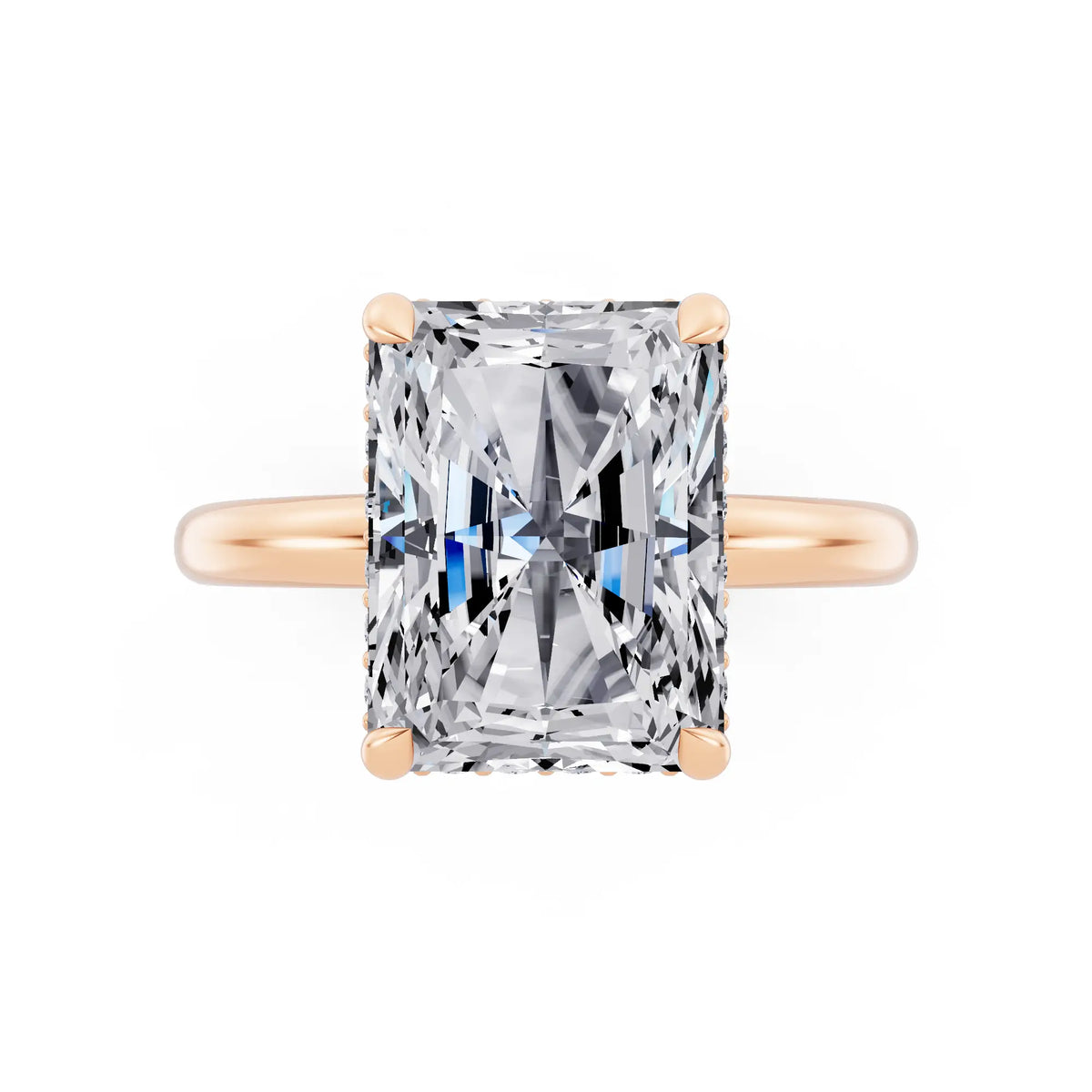 14 KT Rose Gold Radiant Cut Diamond Solitaire Ring with Pave Collar - top angle