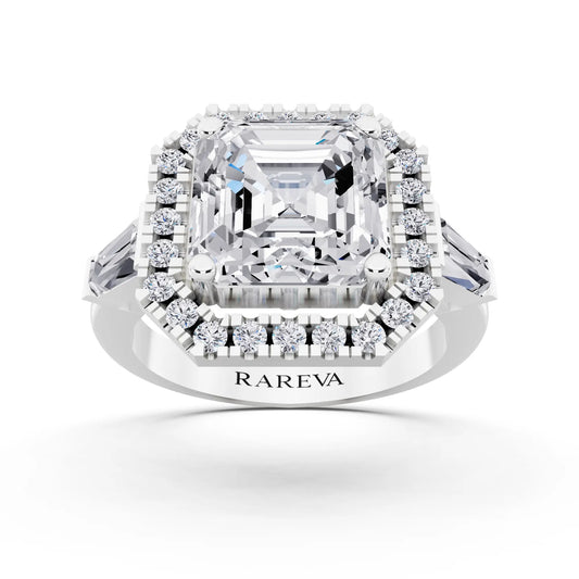 Platinum Asscher Cut Diamond Halo Ring with Baguette Accents - front view