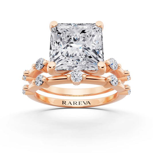 18 KT Rose Gold Princess Cut Diamond Ring with Floating Accent Band - front view