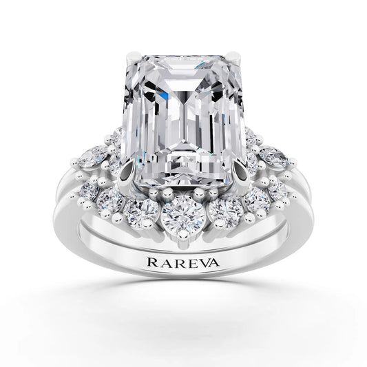 14 KT White Gold Emerald Cut Diamond Ring with Curved Cluster Band - front view
