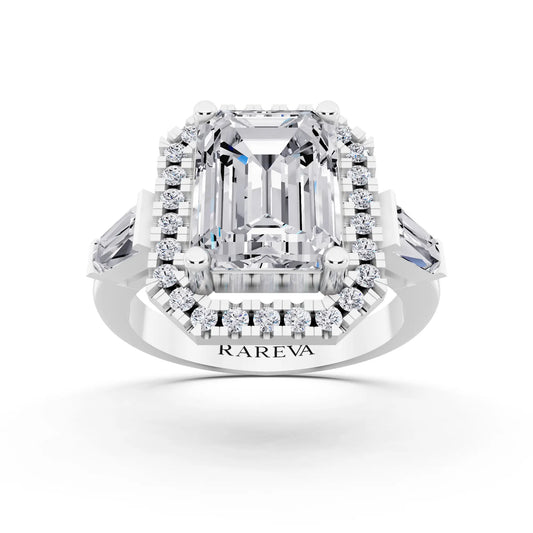 18 KT White Gold Emerald Cut Diamond Halo Ring with Baguette Accents - front view