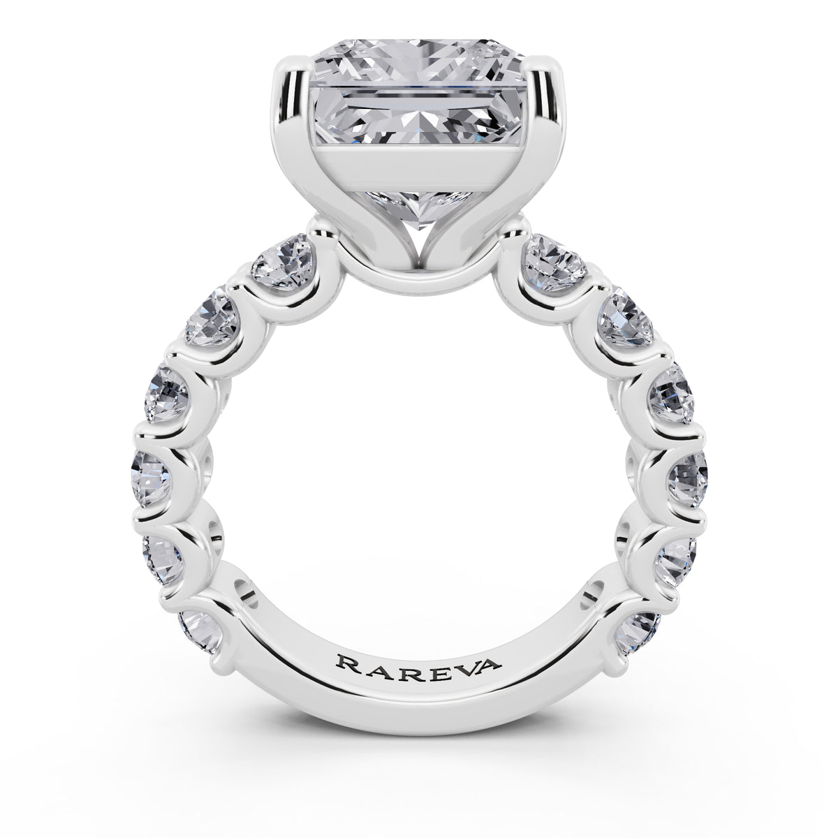 14 KT White Gold Princess Cut Diamond Ring with Shared Prong Eternity Band - through finger
