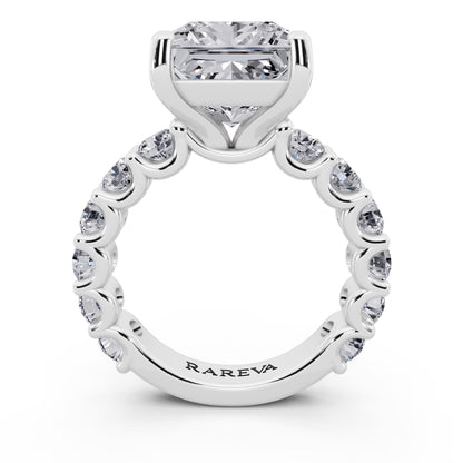 14 KT White Gold Princess Cut Diamond Ring with Shared Prong Eternity Band - through finger