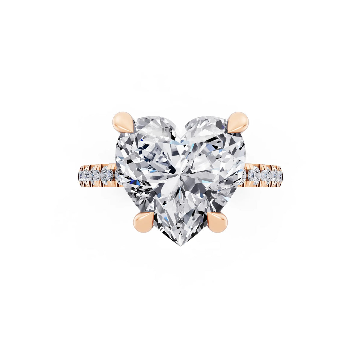 14 KT Rose Gold Heart Cut Diamond Solitaire Ring with Round Pavé Band and Prong Setting - top angle