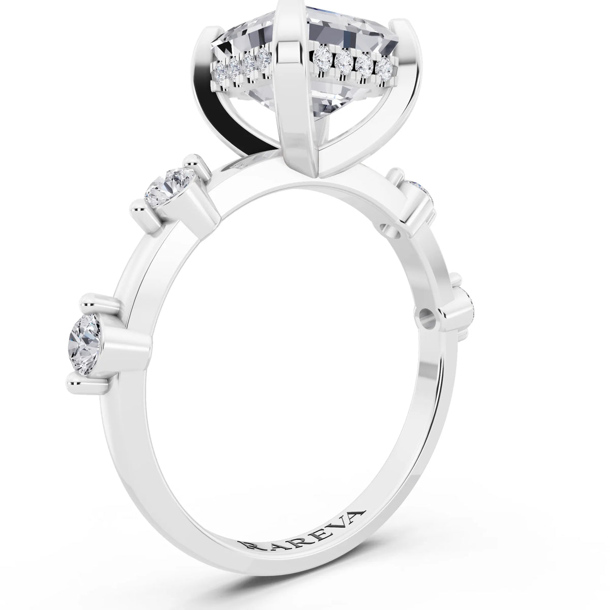 Platinum Asscher Cut Diamond Solitaire Ring with Floating Diamond Accents - top view