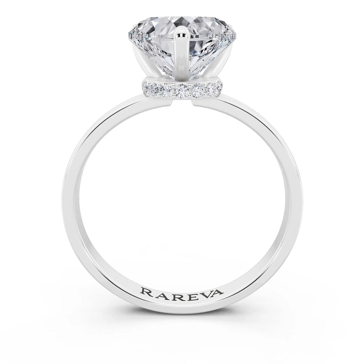 Platinum Heart Cut Diamond Solitaire Ring with Pave Collar - through finger