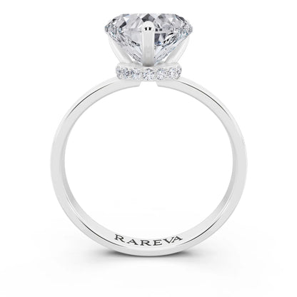 Platinum Heart Cut Diamond Solitaire Ring with Pave Collar - through finger