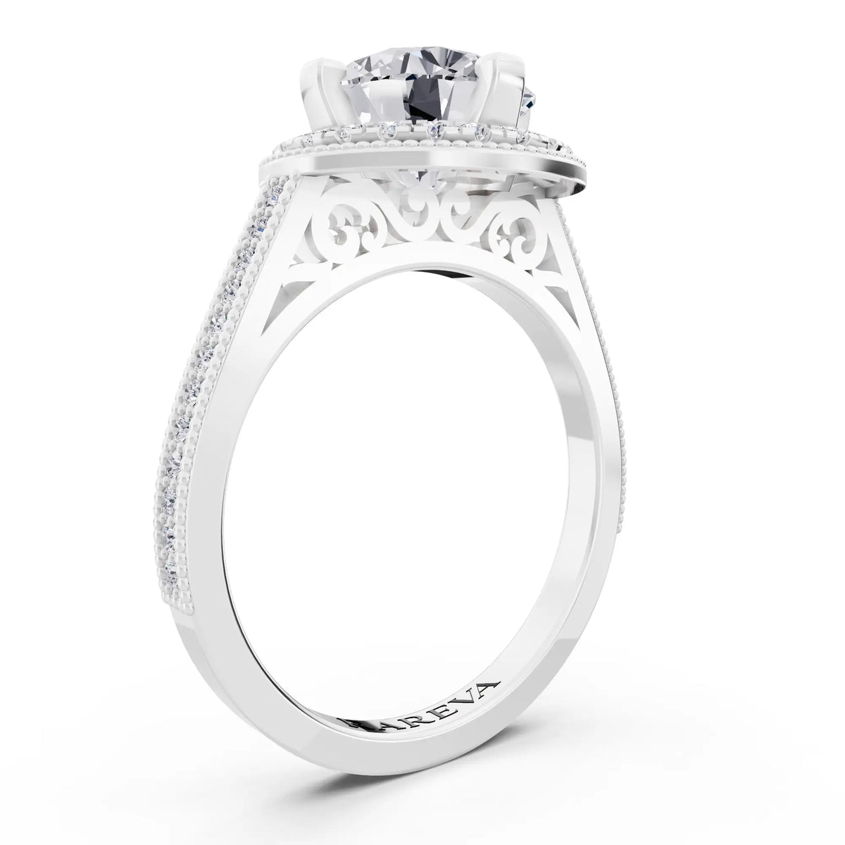 Platinum Round Cut Diamond Vintage Halo Ring with Milgrain Band - Top view
