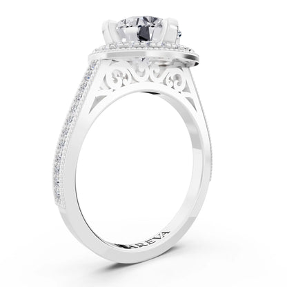 Platinum Round Cut Diamond Vintage Halo Ring with Milgrain Band - Top view