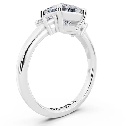 18 KT White Gold Princess Cut Diamond Three Stone Emerald Accent Ring - top view